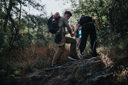 Group of friends hiking in a forest, helping each other on a challenging trailの写真素材