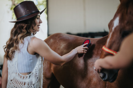 Woman grooming horse in stable with a curry comb helping to care for the animalの写真素材