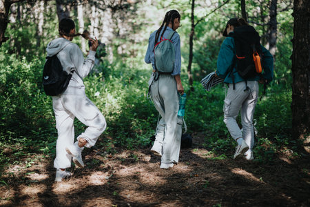 Group of friends hiking in the forest enjoying nature and adventure