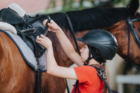 Young rider preparing horse for riding by adjusting the saddleの写真素材