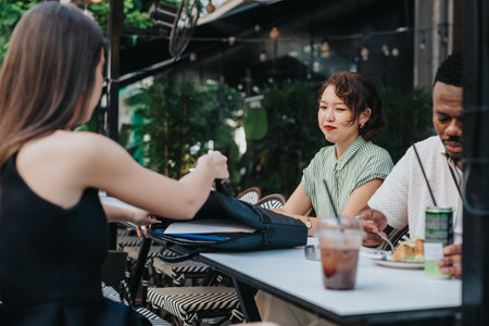 Group of friends enjoying outdoor meal together at a cafe before work.の写真素材