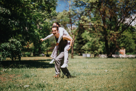 Joyful couple enjoying a piggyback ride in a sunny park, embodying fun and togethernessの写真素材