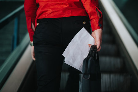 Business person on escalator holding documents and briefcase in city office buildingの写真素材