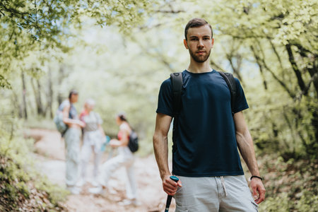 Group of hikers on a forest trail enjoying a summer day outdoors. Male hiker holding a pole standing. Copy space.の写真素材