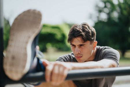 Young man doing calisthenics workout in a sunny park, focusing on leg stretching exercise