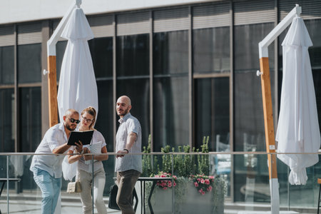 Business colleagues working together on a tablet outdoors on a sunny day