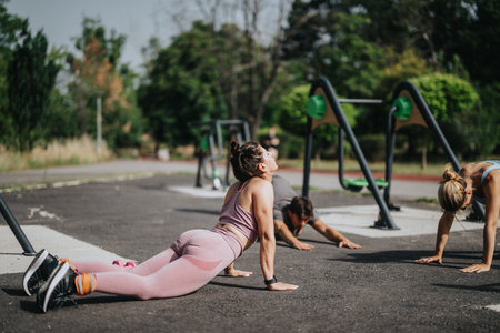 Group of people doing calisthenics workout in a sunny park