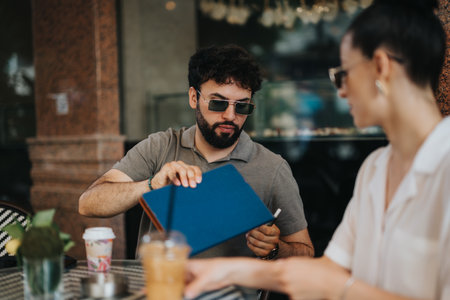 Business partners discussing new project over coffee in a modern coffee shopの写真素材