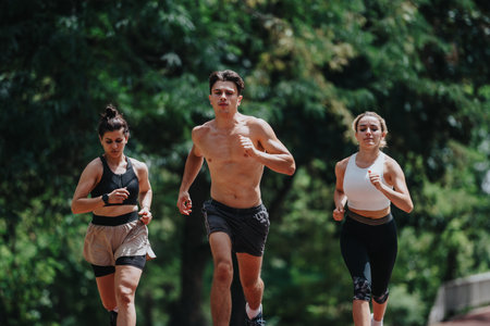 Group of young adults jogging outdoors in a park, staying active and healthyの写真素材