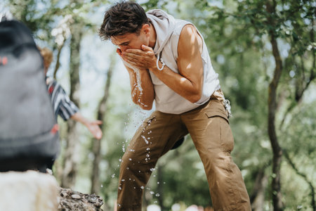 Man in casual outdoor attire splashing face with water from natural source in a forest