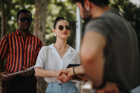 Business professionals having outdoor meeting and handshake