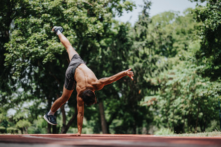 Athletic man performing acrobatic one-handed handstand outdoors in a park