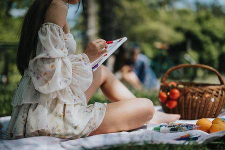 Young woman painting on canvas in a sunny park with friends nearby, peaceful afternoonの写真素材