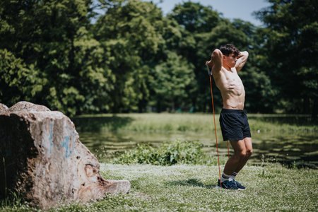 Young man performing outdoor resistance band workout in a park