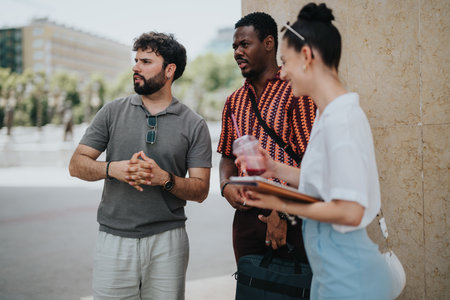 Business people collaborating and discussing ideas outdoors in an urban city settingの写真素材