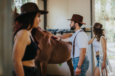 Group of people taking care of a horse in a stable wearing cowboy hatsの写真素材