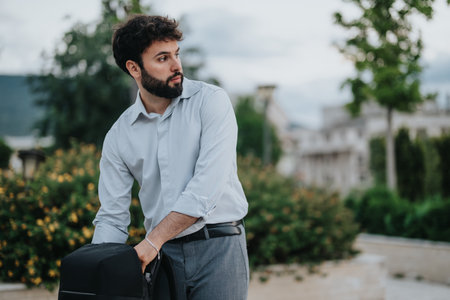 Young man in a white shirt looking away while carrying a backpack outdoorsの写真素材