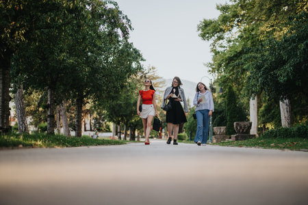 Three businesswomen walking and talking in a park, enjoying the outdoors and their conversationの写真素材