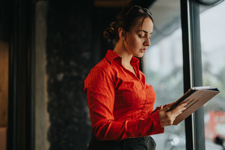 Young businesswoman reviewing documents in a modern office setting