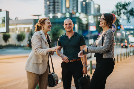 Business colleagues socializing outdoors at night in a city settingの写真素材