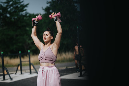 Young woman exercising with pink dumbbells in outdoor park on a sunny dayの写真素材