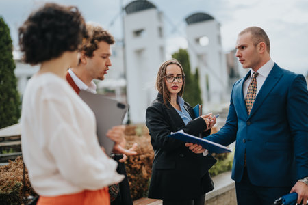 Business team having an outdoor meeting and discussion during a workday