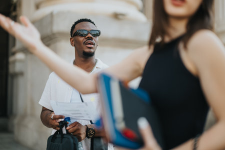 Multicultural businesspeople having a discussion outdoors in a city setting