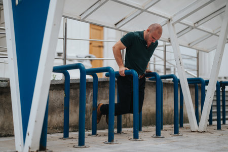 Middle-aged man exercising on outdoor fitness bars, performing dips