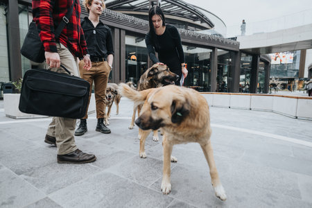 Business associates in a casual outdoor meeting with dogsの写真素材