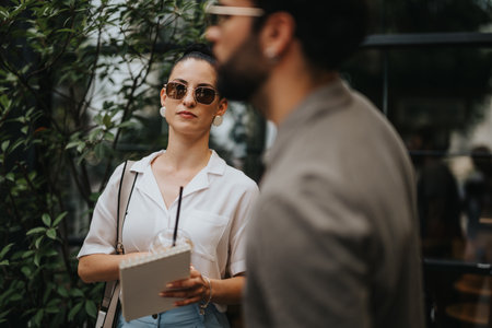 Businesswoman with sunglasses and coffee cup in outdoor setting interacting with colleagueの写真素材