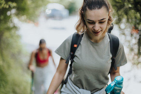 Female hikers trekking in nature holding water bottles and wearing backpacksの写真素材