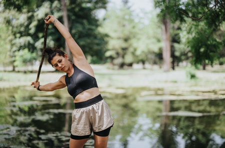 Woman stretching with a tree branch in a park near a pondの写真素材