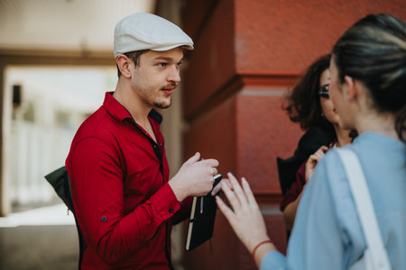 Young business associates having a discussion outdoors with a notebookの写真素材