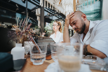 Business workers collaborating at a coffee bar, brainstorming ideas and sharing knowledge while working remotelyの写真素材