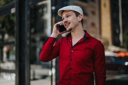 Young business associate talking on the phone outdoors in an urban setting