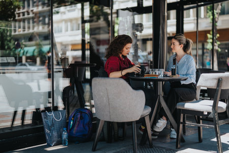 Young business associates discussing work at an outdoor cafeの写真素材