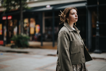 Woman walking outdoors in a city street, casual clothing, urban lifestyle