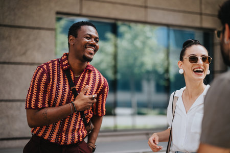 Business people discussing work in outdoor meeting, sharing ideas and having fun togetherの写真素材