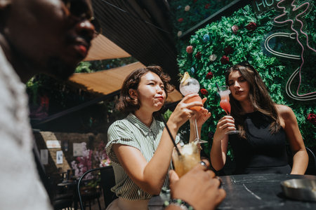 Multicultural businesspeople enjoying drinks and celebrating success outdoors in a vibrant settingの写真素材
