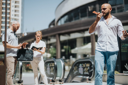 Group of business professionals working outside in urban setting, discussing strategyの写真素材