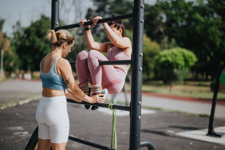 Women doing calisthenics workout in park on a sunny day