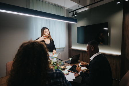 Multicultural team analyzing growth statistics in modern office setting
