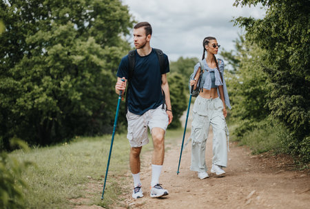 Two young hikers walking on a forest trail with trekking poles.の写真素材