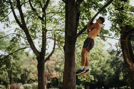 Young man performing pull-ups on a tree branch in a park during an outdoor workoutの写真素材