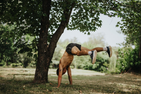 Man performing intense workout handstand outdoors in a parkの写真素材