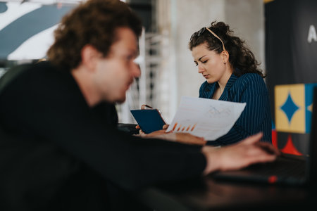 Business professionals reviewing documents during a work meeting in an office environment