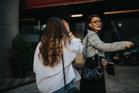 Two businesswomen interacting outside, one guiding the other in an urban settingの写真素材