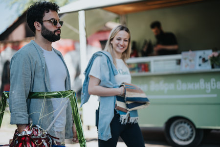 Multiracial friends smiling and enjoying a day out near a food truckの写真素材
