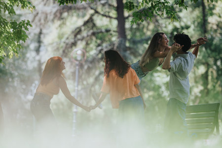 Young adults enjoying a sunny day in the park, laughing and having fun together outdoors