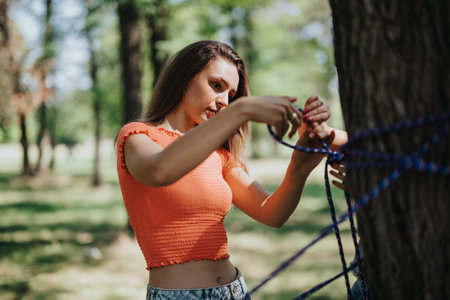 Young woman setting up a hammock in the park on a sunny day